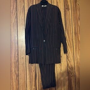 Women's Black & Brown Pinstripe Tailored Pantsuit-likely dates to the 1970’s